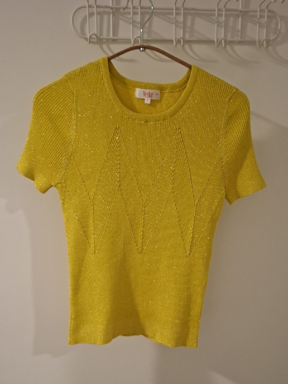 Veeko Yellow Short-sleeve Glitter Knit Top with Chevron Detail (Size S)